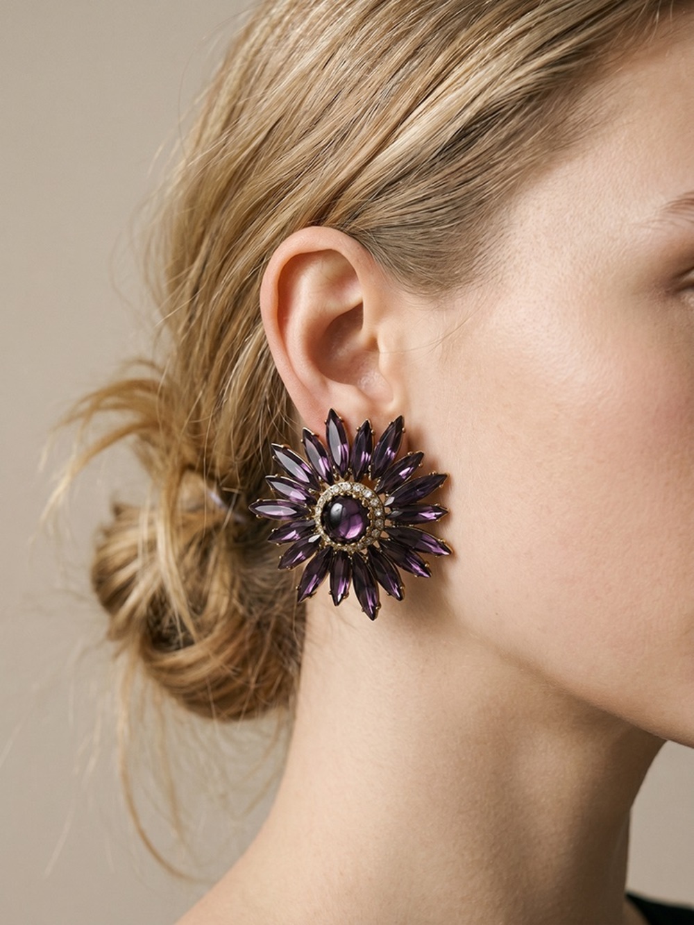 Exclusive unique Purple Crystal Sunburst Statement Earrings